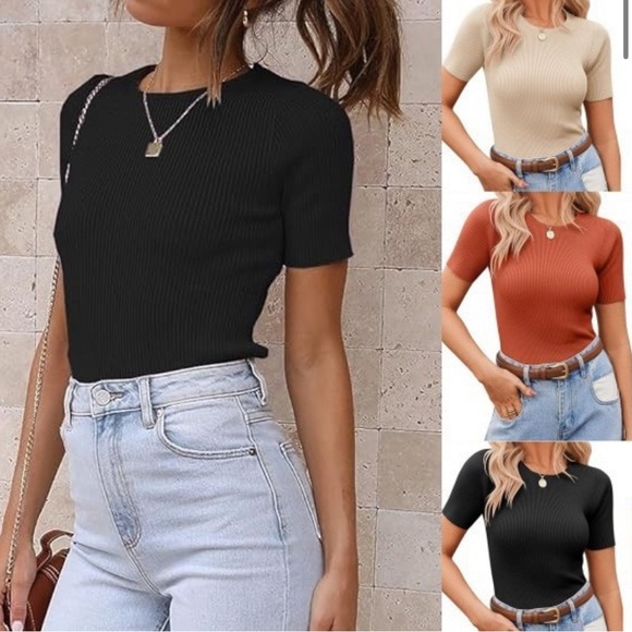 Brand New Women's Short Sleeve Crewneck T Shirt 2024 Summer Ribbed Knit - Picture 2 of 7